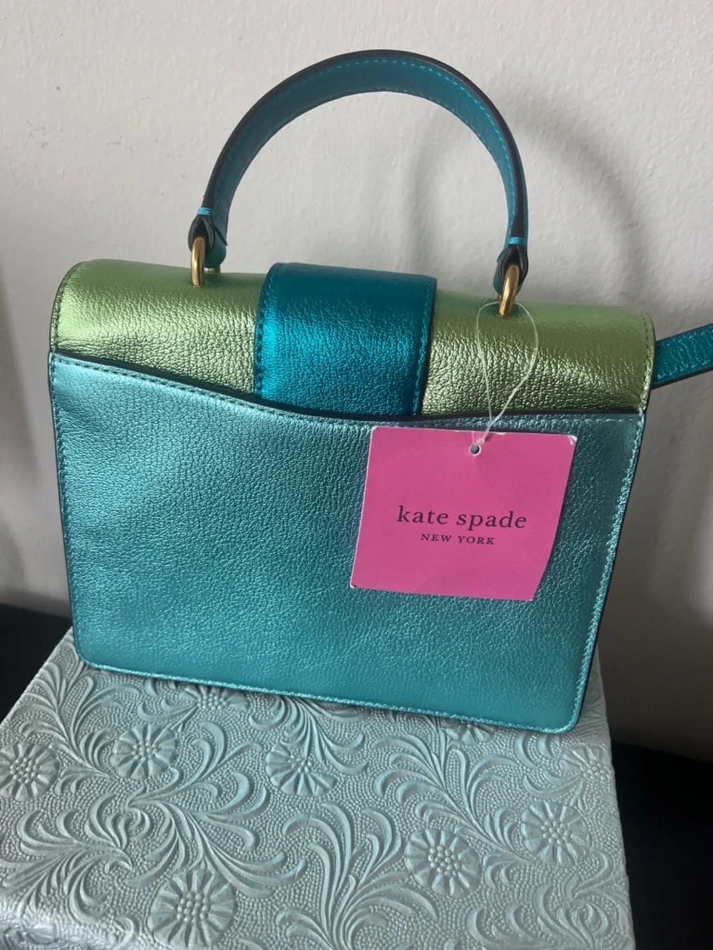 kate spade Metallic Teal, Aqua & Lime Top-Handle Satchel, NWT - Picture 2 of 7